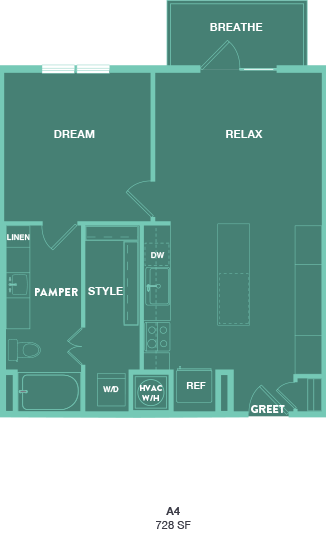 Floor plan for 1 bed, 1 bath, 728 sqft